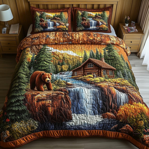 Cabin And Bear quilted 3-piece bedding set on a made bed with two matching pillow shams
