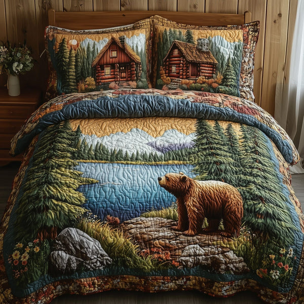 Cabin And Bear quilted 3-piece bedding set on a made bed with two matching pillow shams