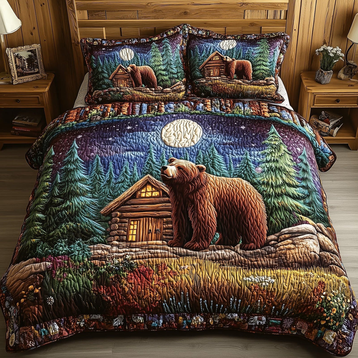 Cabin And Bear quilted 3-piece bedding set on a made bed with two matching pillow shams