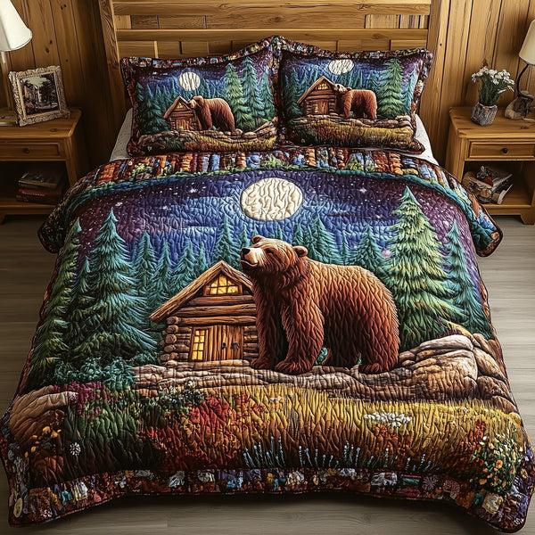 Cabin And Bear quilted 3-piece bedding set on a made bed with two matching pillow shams