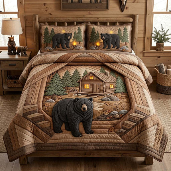 Cabin Bear Porch quilted 3-piece bedding set on a made bed with two matching pillow shams