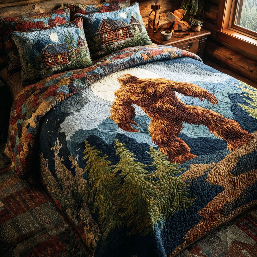 Cabin Bigfoot quilted 3-piece bedding set on a made bed with two matching pillow shams