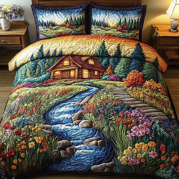 Cabin Bloom quilted 3-piece bedding set on a made bed with two matching pillow shams