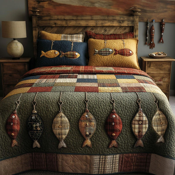 Cabin by the Bend quilted 3-piece bedding set on a made bed with two matching pillow shams