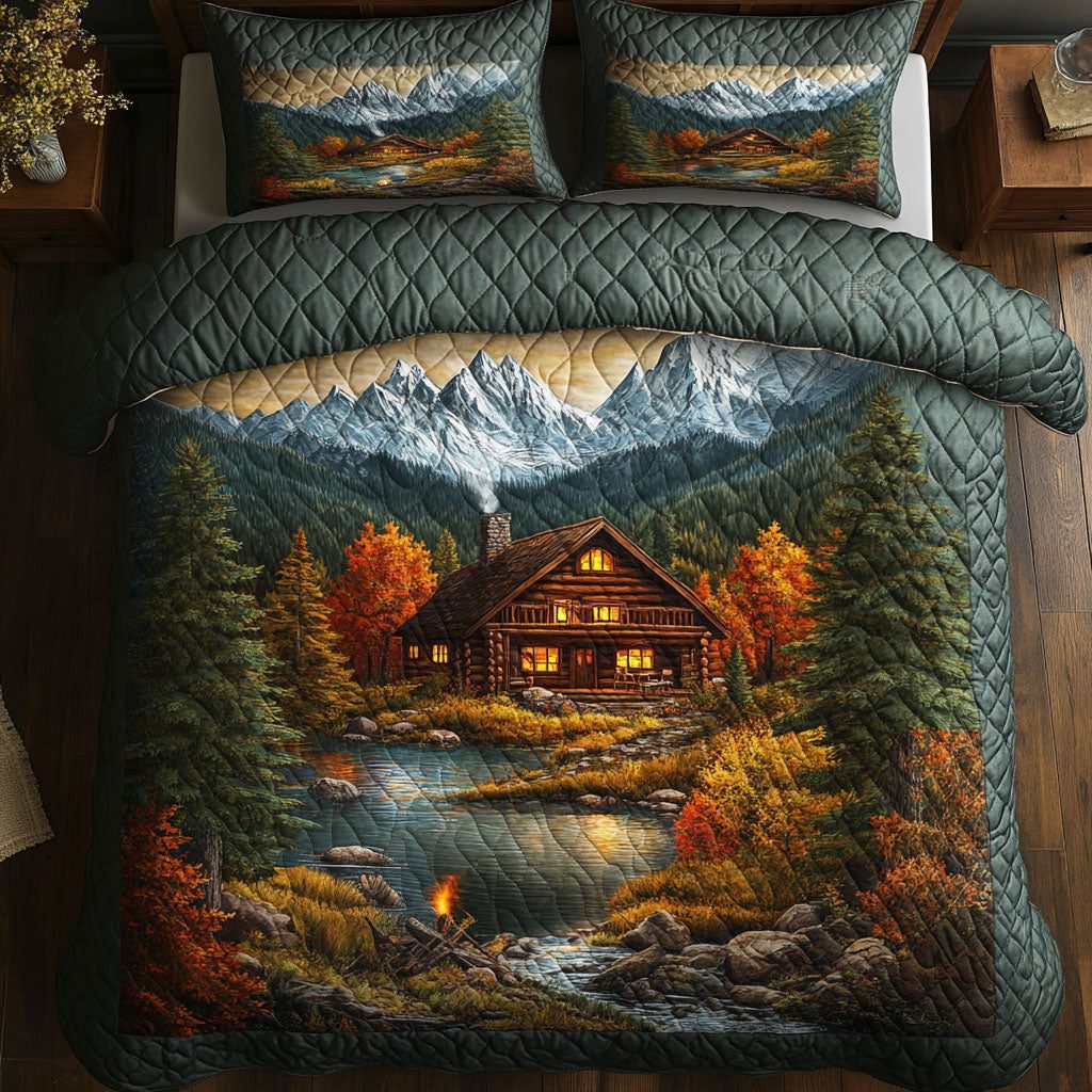 Cabin Campfire View quilted 3-piece bedding set on a made bed with two matching pillow shams