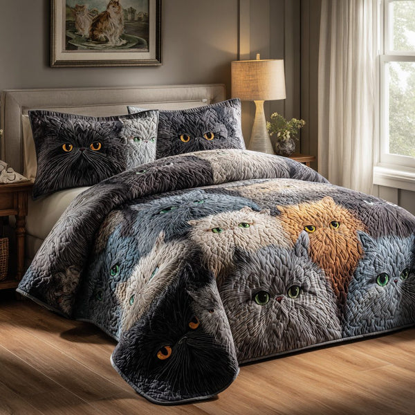 Cabin Cats quilted 3-piece bedding set on a made bed with two matching pillow shams
