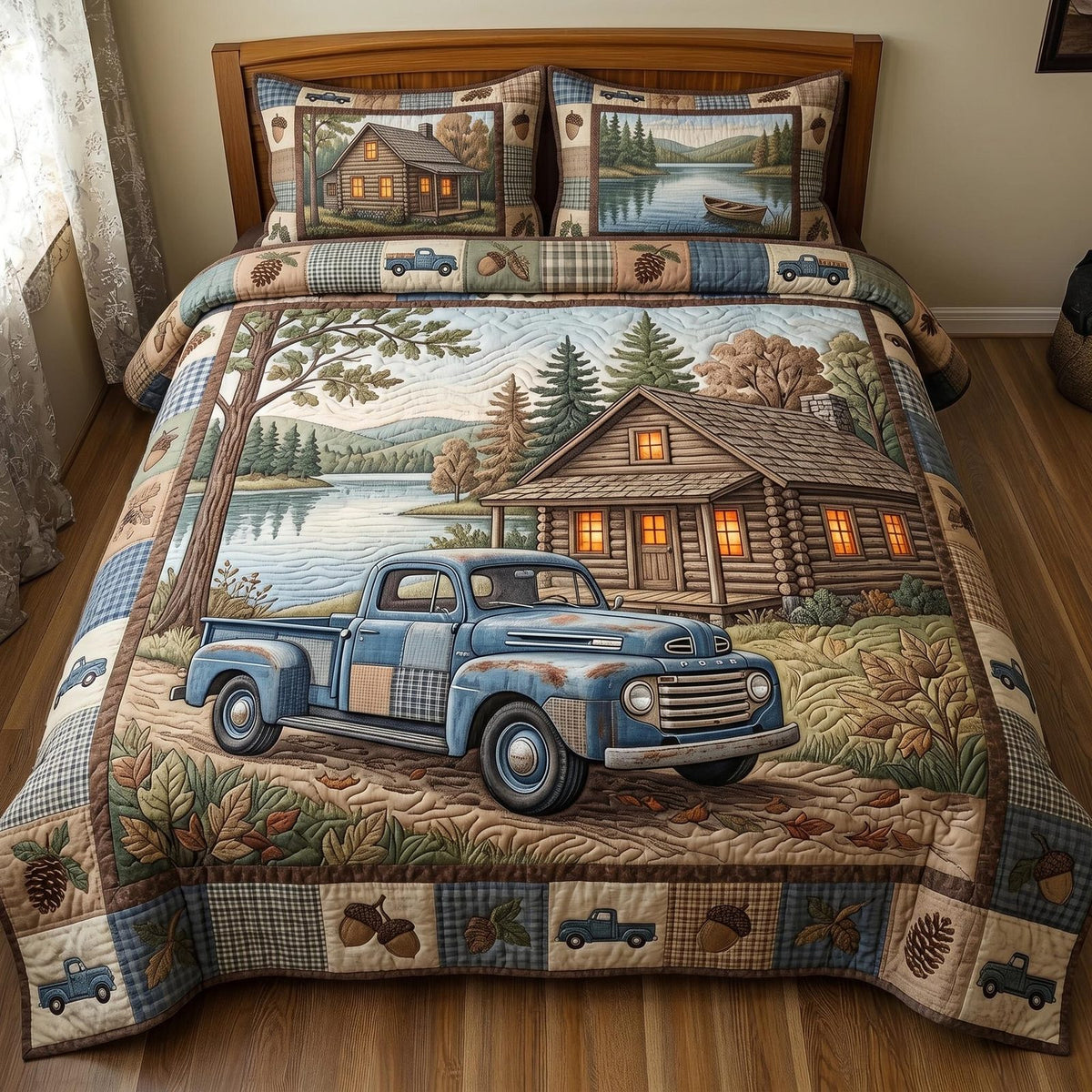 Cabin Charm quilted 3-piece bedding set on a made bed with two matching pillow shams