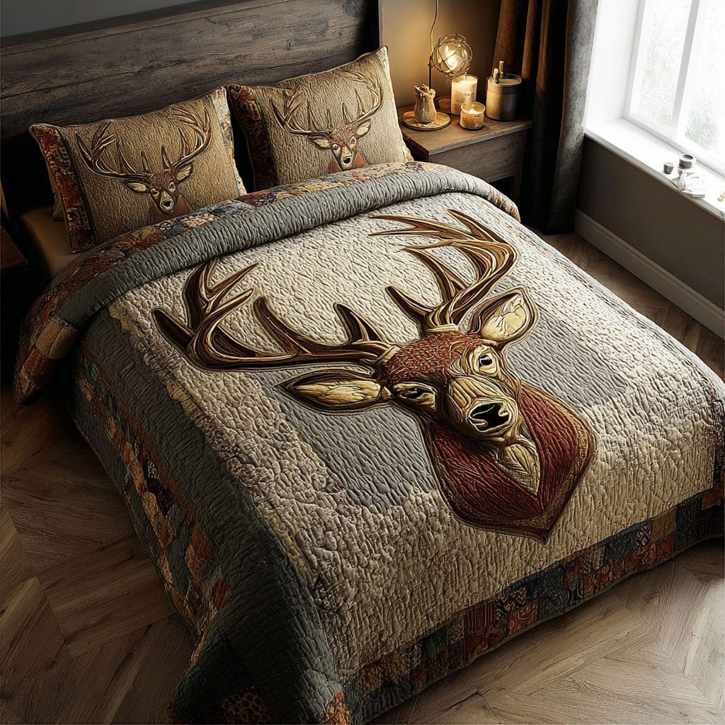 Cabin Comfort quilted 3-piece bedding set on a made bed with two matching pillow shams