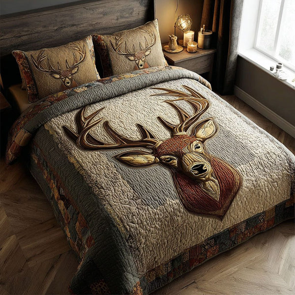 Cabin Comfort quilted 3-piece bedding set on a made bed with two matching pillow shams