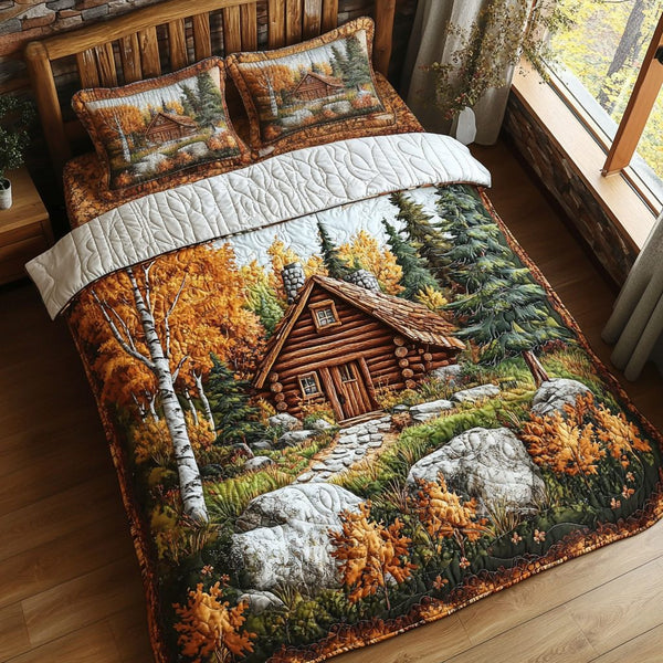 Cabin Comforts quilted 3-piece bedding set on a made bed with two matching pillow shams