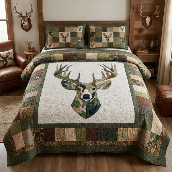 Cabin Deer Trail quilted 3-piece bedding set on a made bed with two matching pillow shams