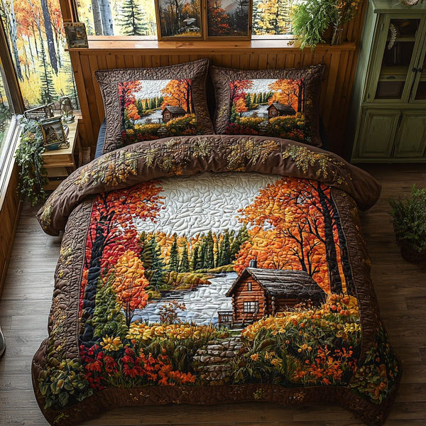 Cabin Dream quilted 3-piece bedding set on a made bed with two matching pillow shams