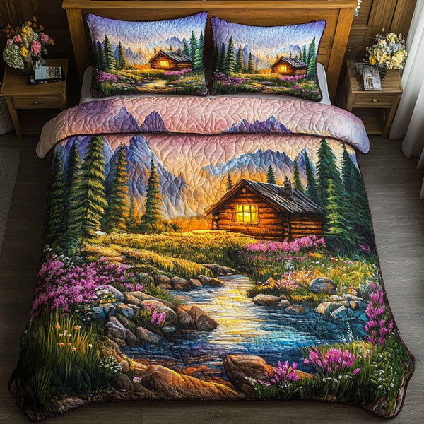 Cabin Dreams quilted 3-piece bedding set on a made bed with two matching pillow shams