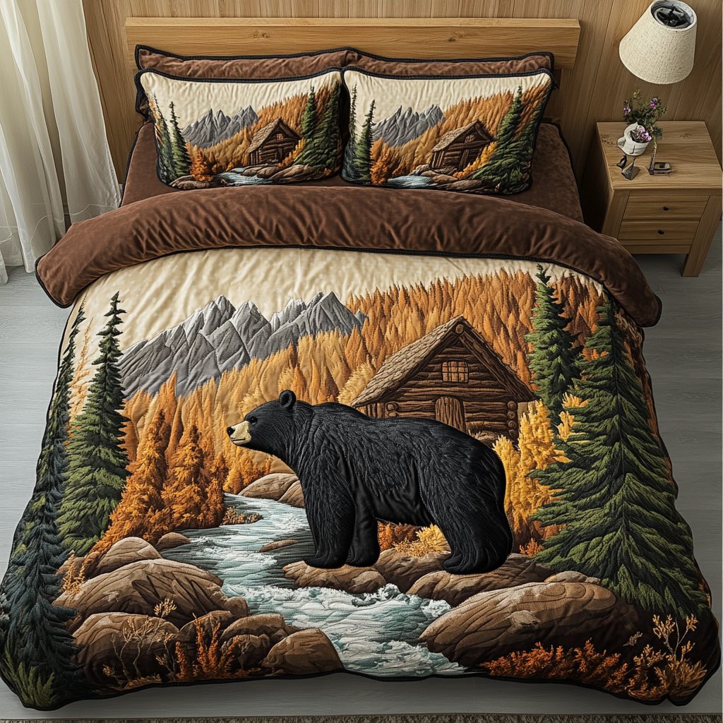 Cabin Dreams quilted 3-piece bedding set on a made bed with two matching pillow shams