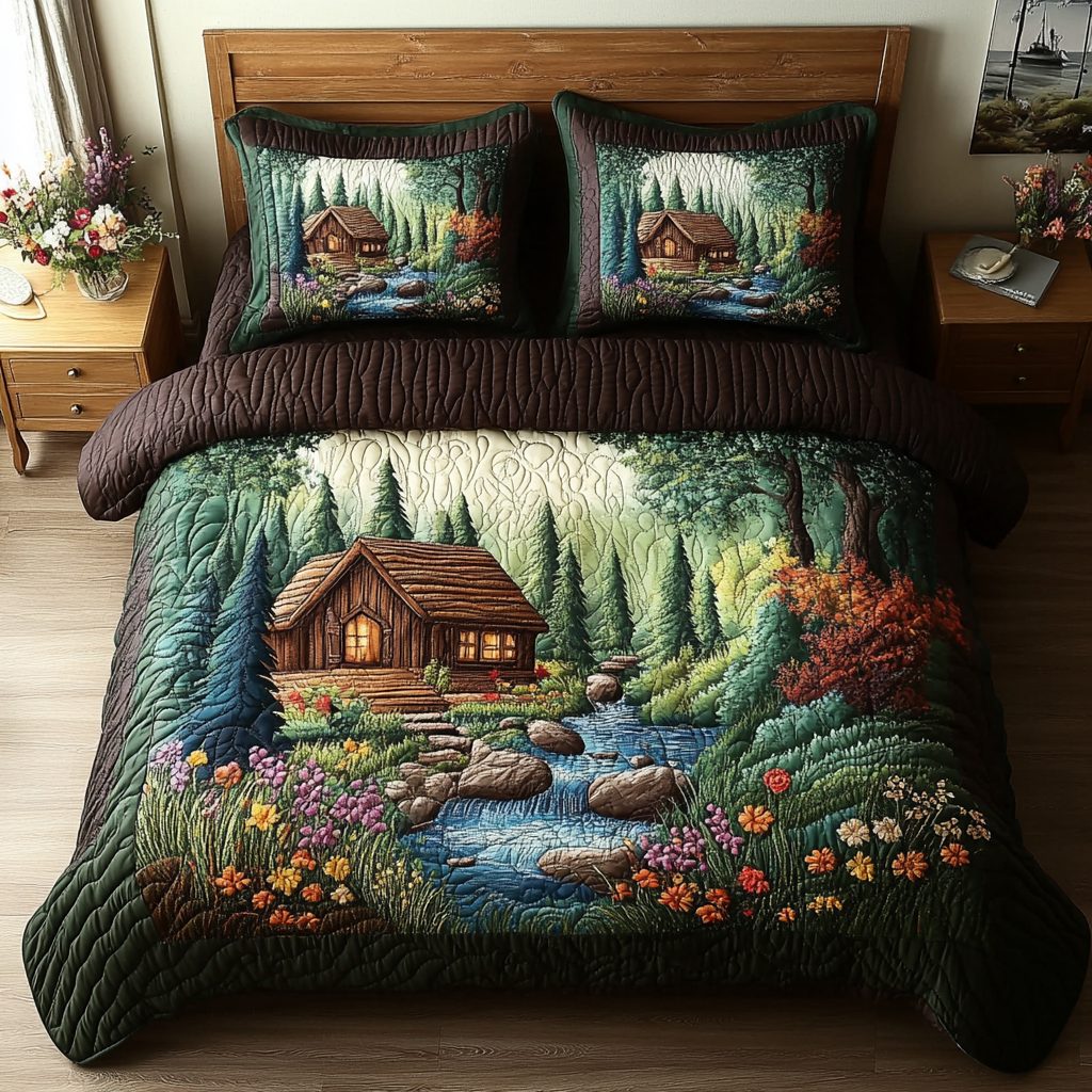 Cabin Dreams quilted 3-piece bedding set on a made bed with two matching pillow shams