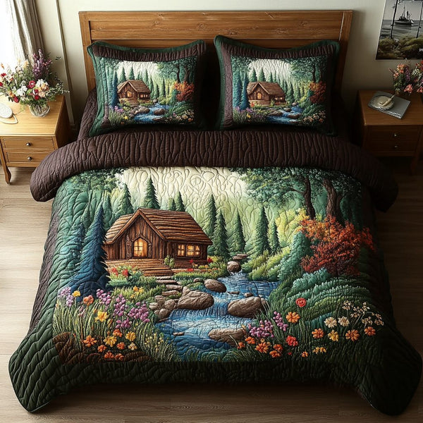 Cabin Dreams quilted 3-piece bedding set on a made bed with two matching pillow shams
