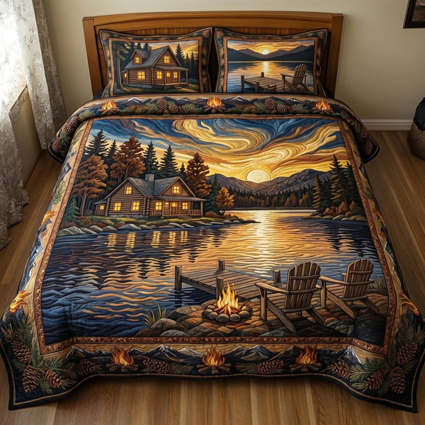 Cabin Escape quilted 3-piece bedding set on a made bed with two matching pillow shams