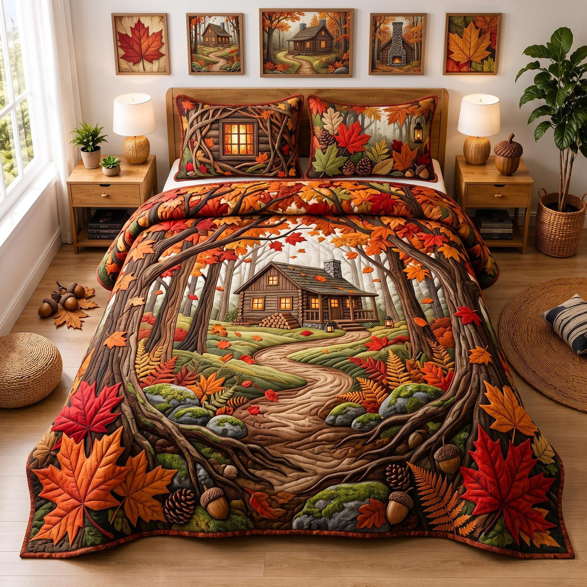 Cabin Escape quilted 3-piece bedding set on a made bed with two matching pillow shams