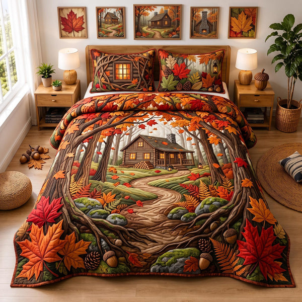 Cabin Escape quilted 3-piece bedding set on a made bed with two matching pillow shams