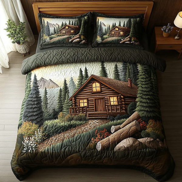 Cabin Escape quilted 3-piece bedding set on a made bed with two matching pillow shams
