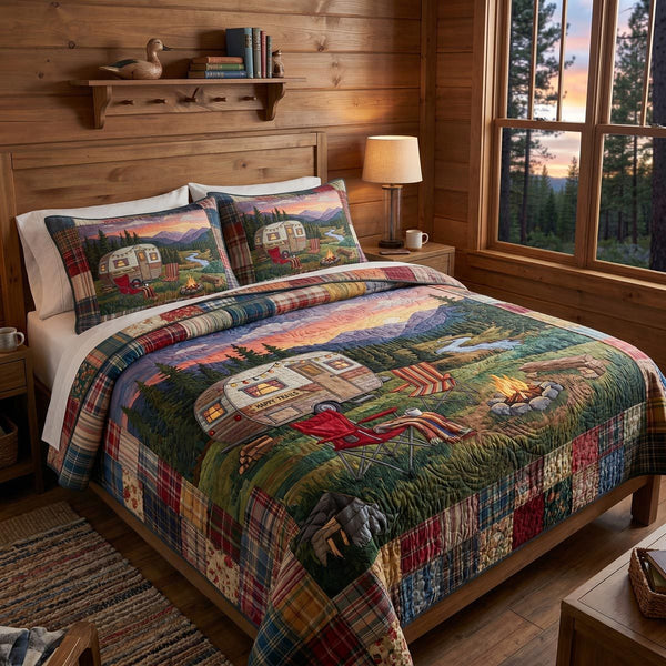 Cabin Escape quilted 3-piece bedding set on a made bed with two matching pillow shams