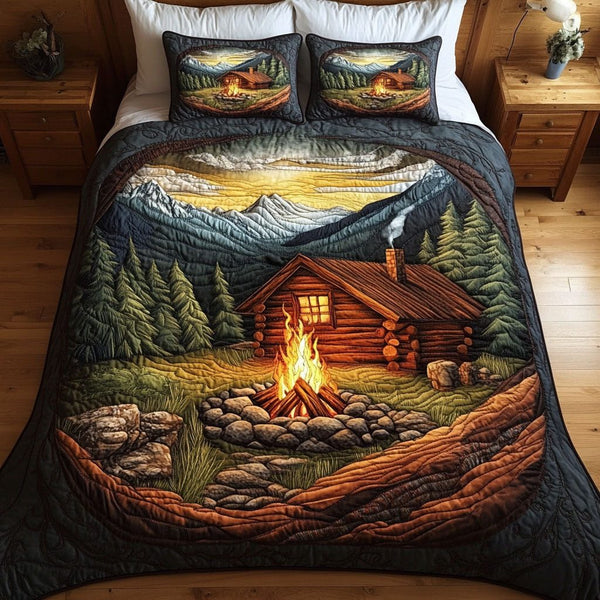Cabin Fireplace quilted 3-piece bedding set on a made bed with two matching pillow shams