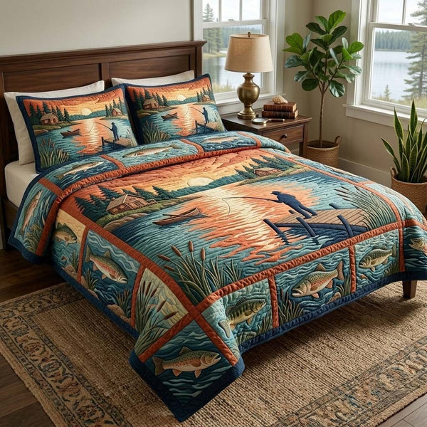 Cabin Fishing quilted 3-piece bedding set on a made bed with two matching pillow shams