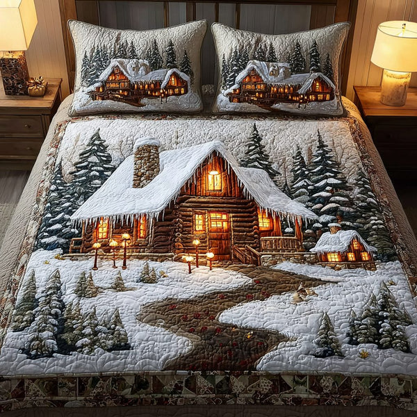 Cabin Glow quilted 3-piece bedding set on a made bed with two matching pillow shams