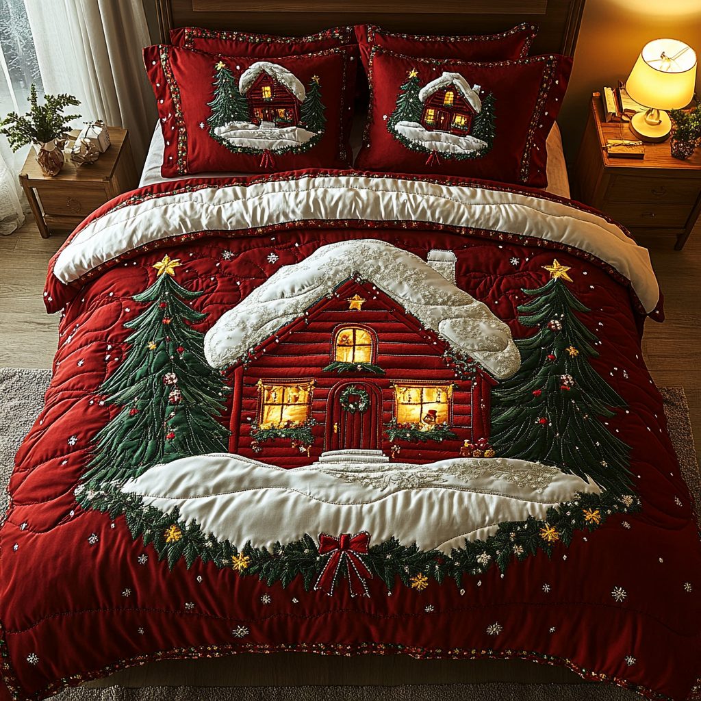 Cabin Glow quilted 3-piece bedding set on a made bed with two matching pillow shams