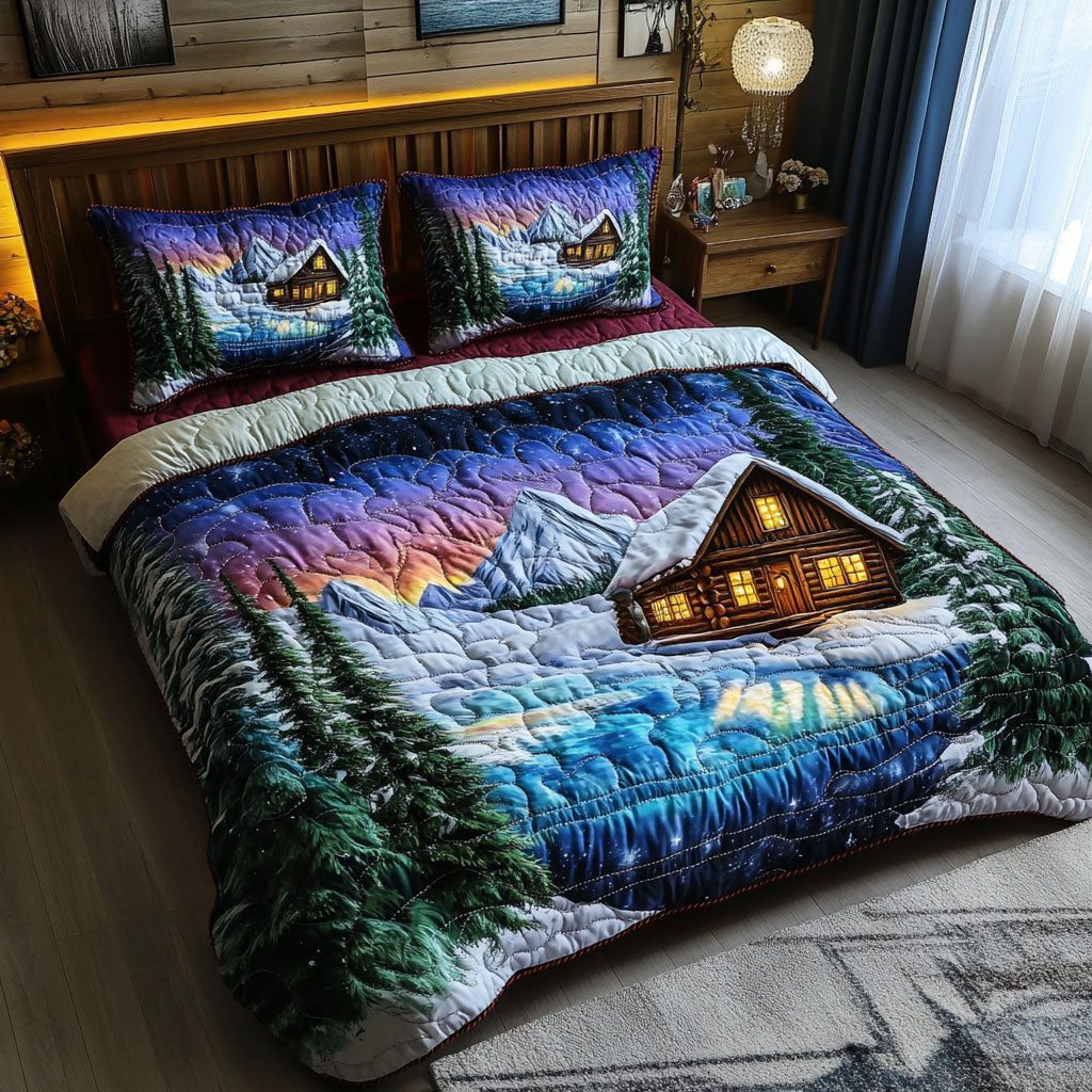 Cabin Glow quilted 3-piece bedding set on a made bed with two matching pillow shams