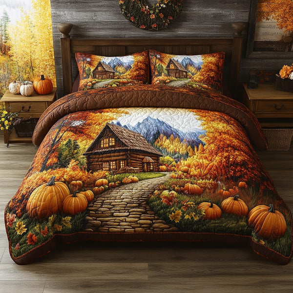 Cabin Glow quilted 3-piece bedding set on a made bed with two matching pillow shams