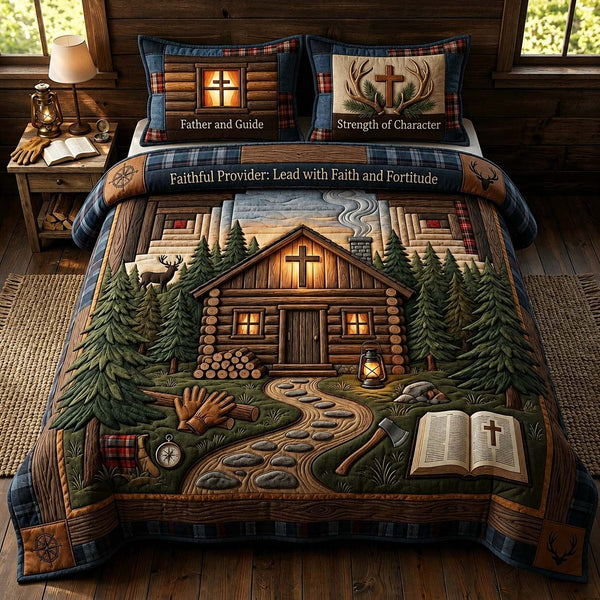 Cabin Guide quilted 3-piece bedding set on a made bed with two matching pillow shams