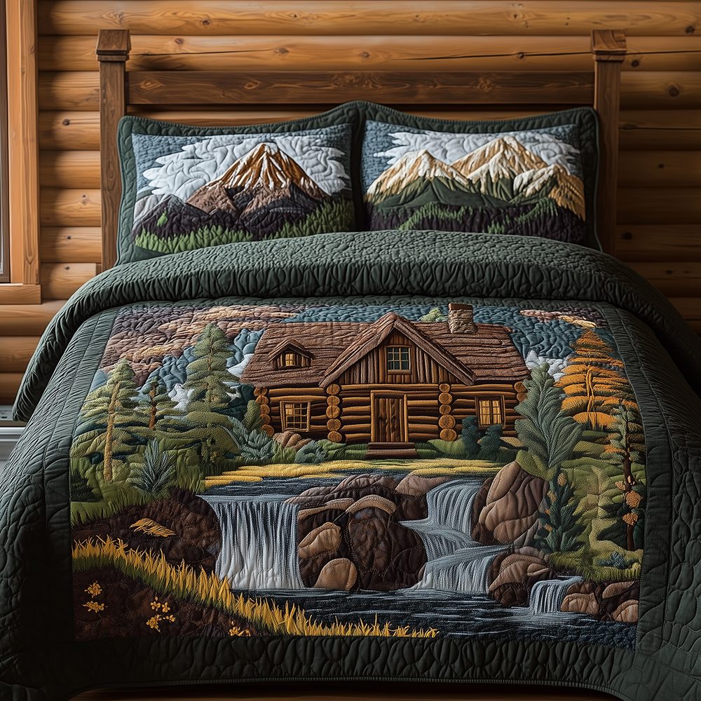 Cabin in Woods quilted 3-piece bedding set on a made bed with two matching pillow shams