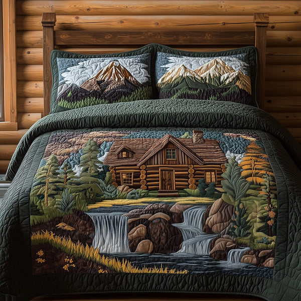 Cabin in Woods quilted 3-piece bedding set on a made bed with two matching pillow shams