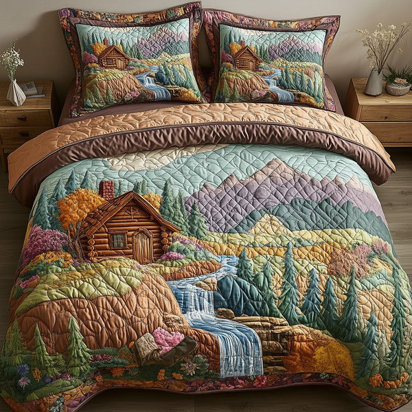 Cabin in Woods quilted 3-piece bedding set on a made bed with two matching pillow shams