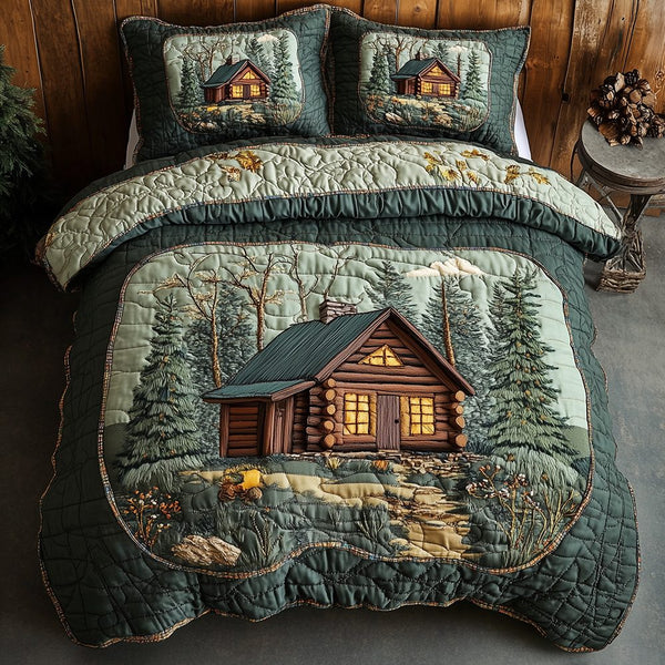 Cabin in Woods quilted 3-piece bedding set on a made bed with two matching pillow shams