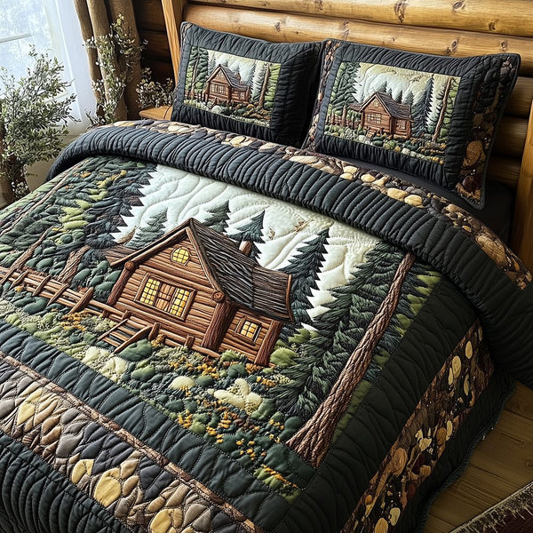 Cabin in Woods quilted 3-piece bedding set on a made bed with two matching pillow shams