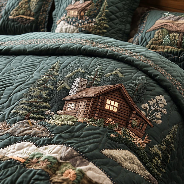 Cabin in Woods quilted 3-piece bedding set on a made bed with two matching pillow shams