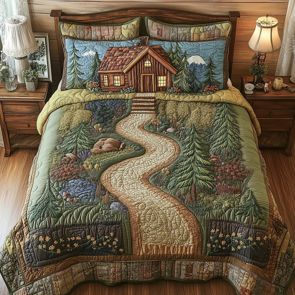 Cabin in Woods quilted 3-piece bedding set on a made bed with two matching pillow shams