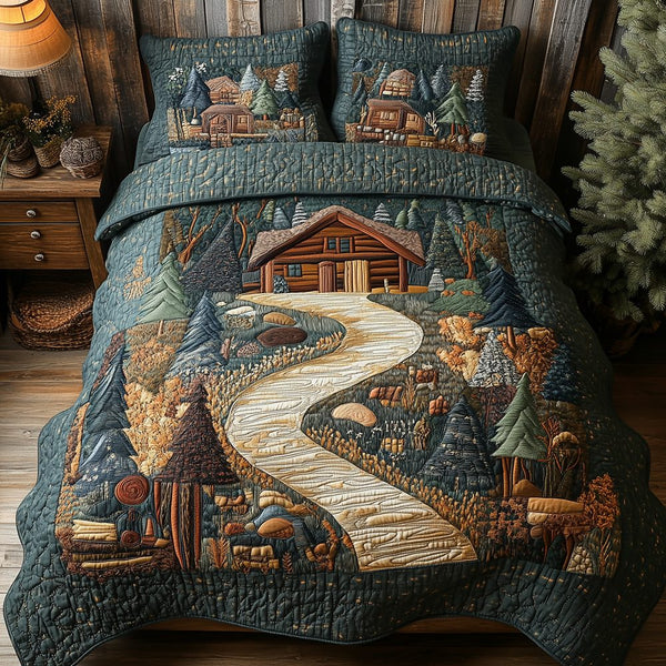 Cabin in Woods quilted 3-piece bedding set on a made bed with two matching pillow shams