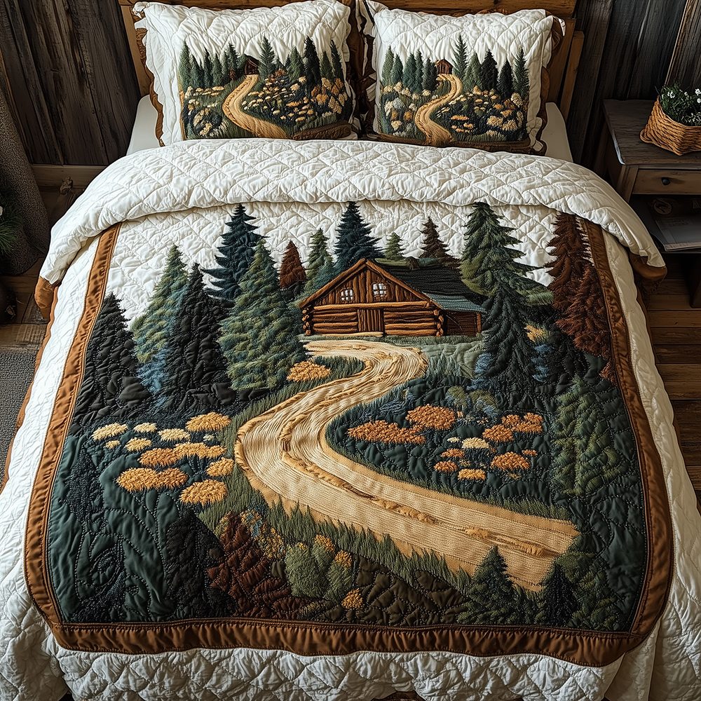 Cabin in Woods quilted 3-piece bedding set on a made bed with two matching pillow shams