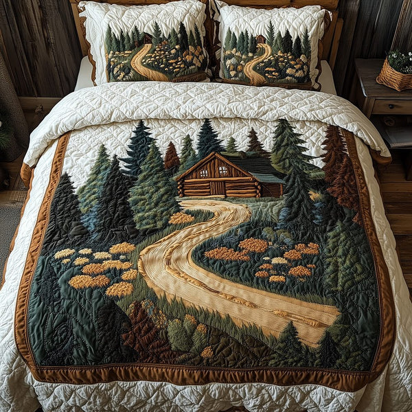 Cabin in Woods quilted 3-piece bedding set on a made bed with two matching pillow shams