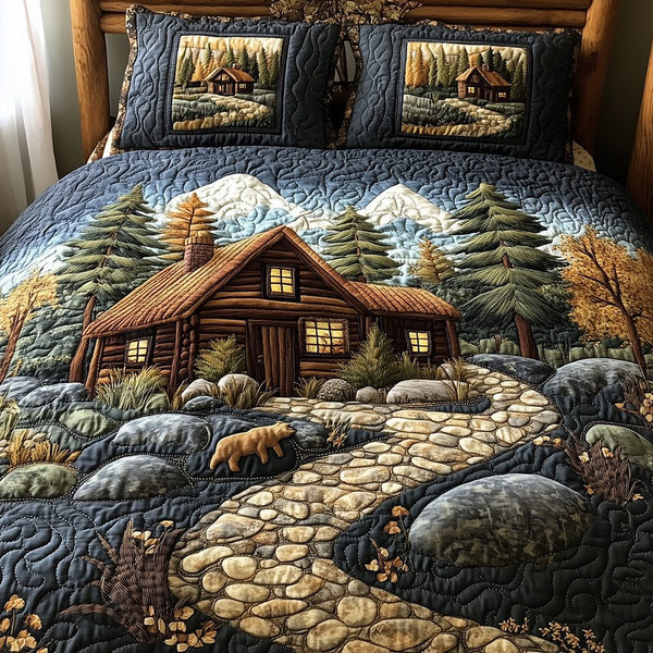 Cabin in Woods quilted 3-piece bedding set on a made bed with two matching pillow shams