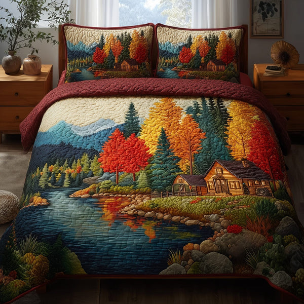 Cabin Lake quilted 3-piece bedding set on a made bed with two matching pillow shams