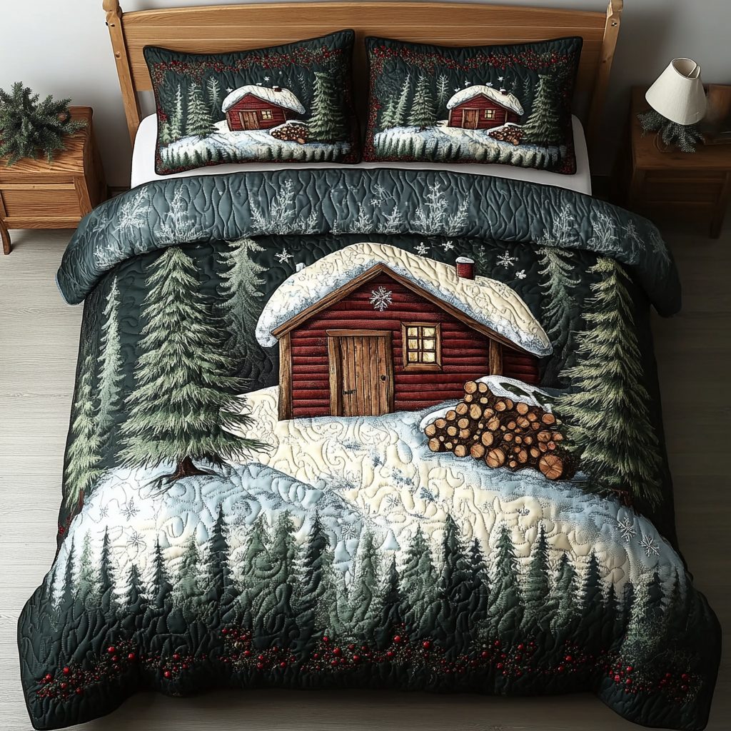 Cabin Magic quilted 3-piece bedding set on a made bed with two matching pillow shams