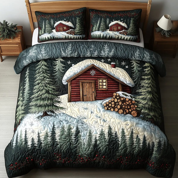 Cabin Magic quilted 3-piece bedding set on a made bed with two matching pillow shams