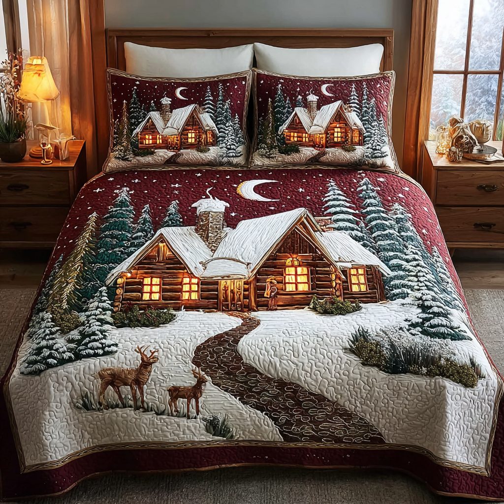 Cabin Magic quilted 3-piece bedding set on a made bed with two matching pillow shams