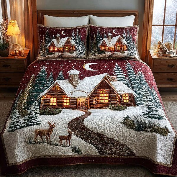 Cabin Magic quilted 3-piece bedding set on a made bed with two matching pillow shams