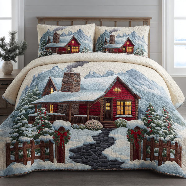 Cabin Magic quilted 3-piece bedding set on a made bed with two matching pillow shams