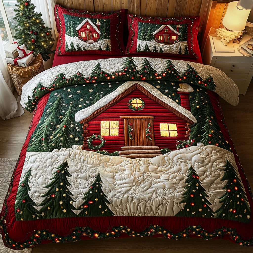 Cabin Magic quilted 3-piece bedding set on a made bed with two matching pillow shams